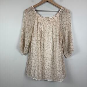 Giusy Top Women's Large Beige Floral 100% Silk Blouse Dainty Cottage Feminine